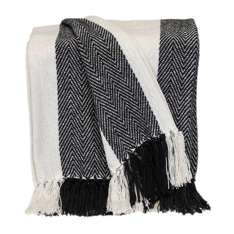 Jeté rayé en coton tissé, Rayures blanc / noir