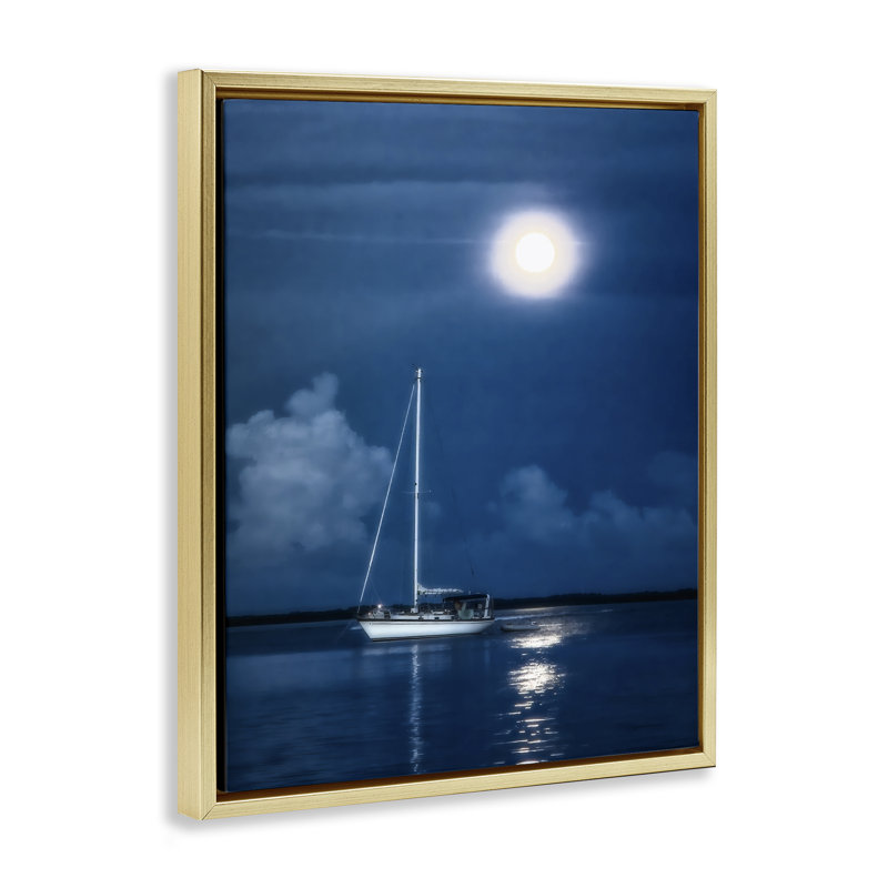 «Moonlit Nighttime Sail», art mural encadré flottant par Mary Lou Johnson, Cadre flottant métallique doré, H 21 po x l 17 po