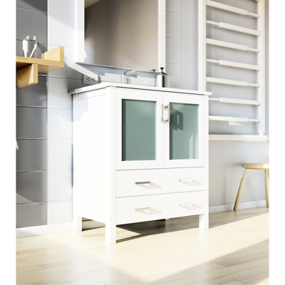 30 In. W White Bath Vanity, 18.25 D, Ceramic Top, 28 Mirror, Soft - Closing Mechanism, One Cabinet And Drawers, Scratch Proof Vanity Bathroom Design, Interior Storage, Surface