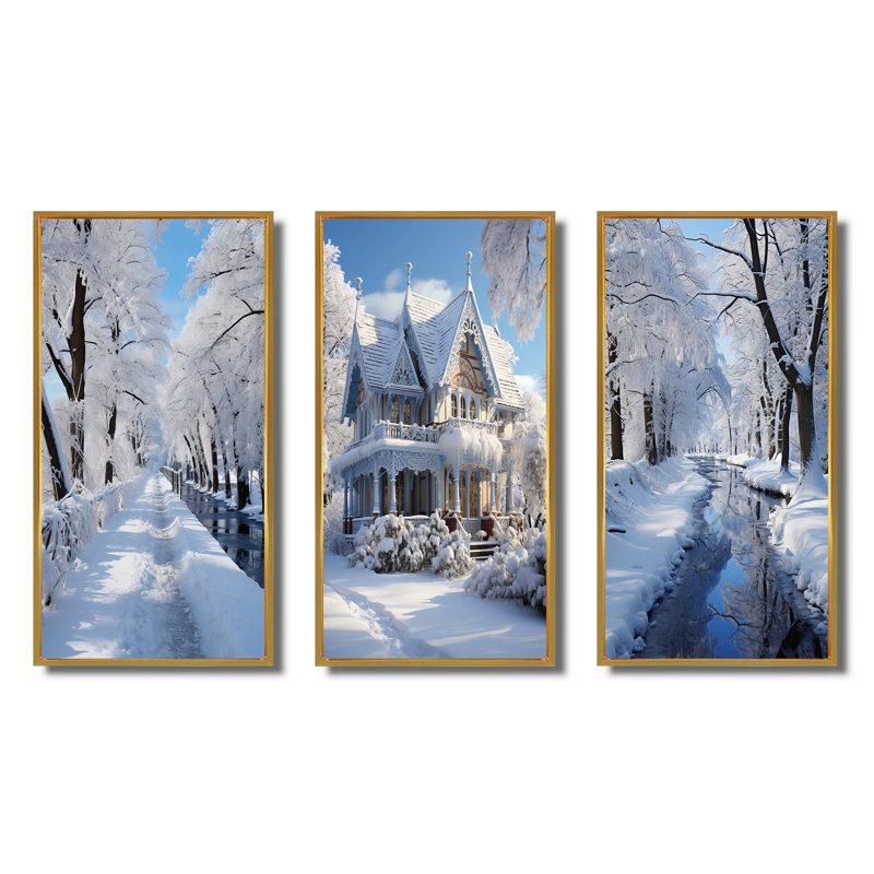«Winter Snowy Serenity», 3 pièces sur toile, Encadrement doré, H 20 po x l 12 po