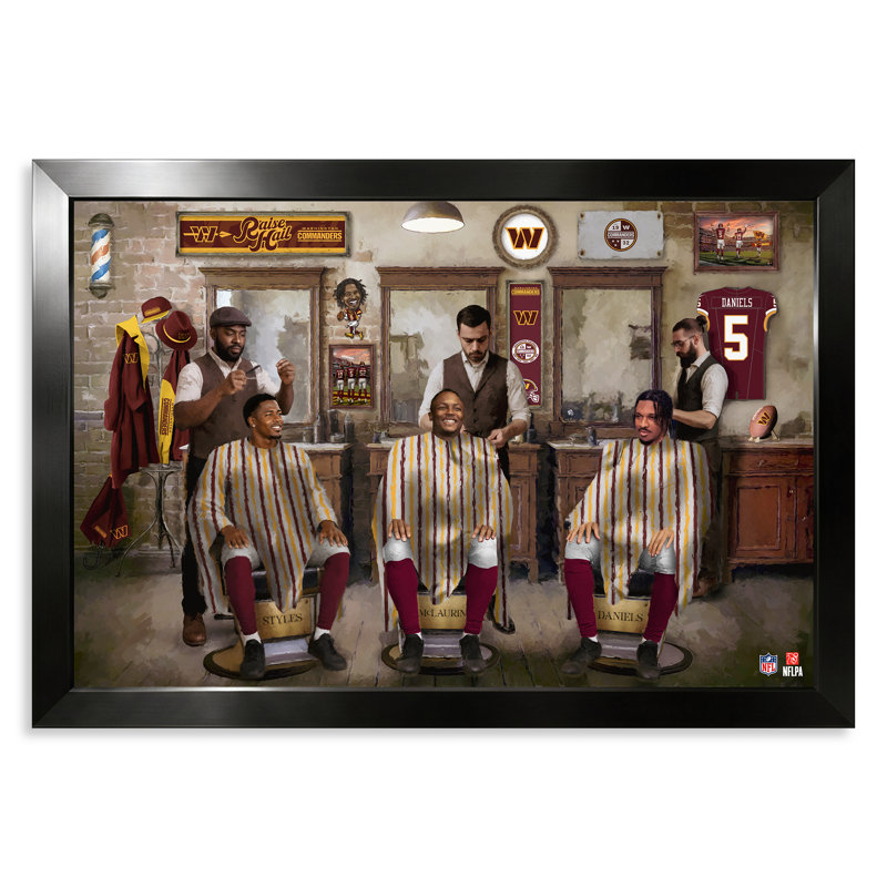 Impression encadrée de 14 po x 20 po représentant les Washington Commanders de la NFL, dans un salon de coiffure.