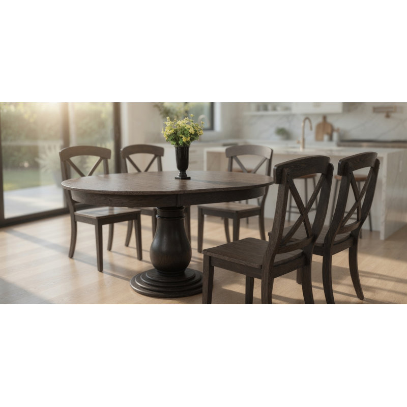 Ensemble de salle à manger à rallonge ronde en bois massif gris Lartarsha, 7 pièces: 1 table, 6 chaises