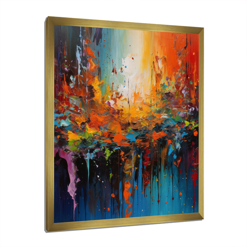 Orange, bleu sarcelle, fusion cubiste, art sur toile, H 32 po x l 24 po x P 1 po, Cadre doré simple