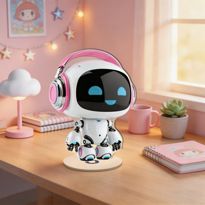 Cute Robot Figurine With Headphones Spinning Decorative Statue For Desk
