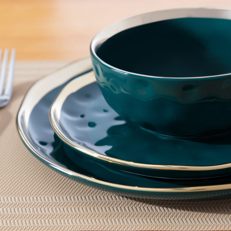 Colour 16 Piece Handmade Ceramic Dinnerware Set - Service for 4, Teal/Gold