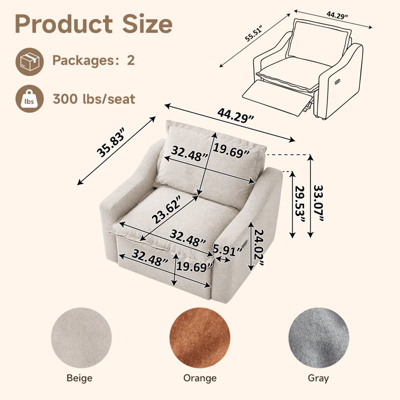 Fauteuil inclinable électrique sans gravité, canapé inclinable Cloud avec ports USB et Type-C - beige, Beige Fabric, Beige