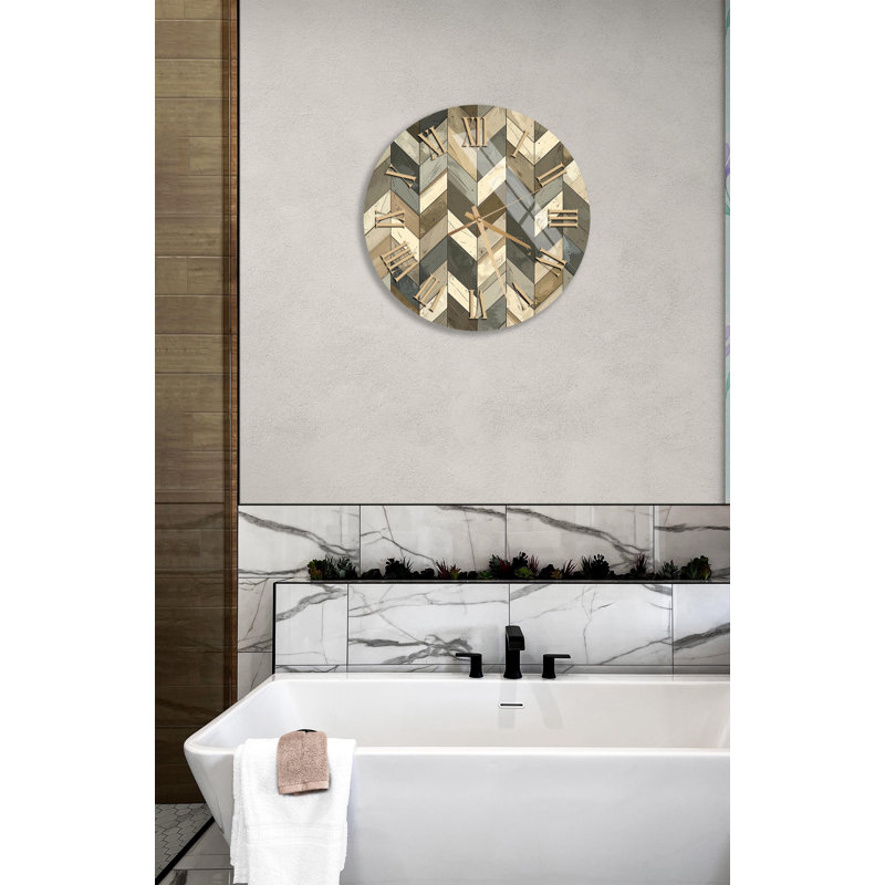 Horloge murale en verre trempé à chevrons, ton beige rustique, décor de maison de campagne, art mural unique, grande horloge, style moderne