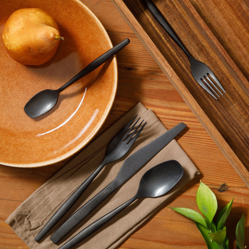 Bloomhouse 20 Piece Stone Washed Flatware 18/10 Stainless Steel Silverware Cutlery Utensil Set With Acacia Wood Caddy , Black