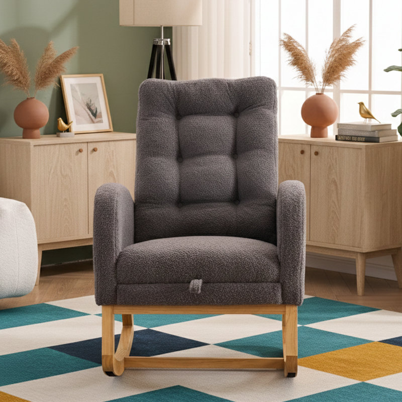  Chaise berçante de chambre de bébé avec repose-pieds rabattable, chaise berçante en tissu à haut dossier en peluche avec poche latérale, chaise longue d'appoint en bois d'hévéa, gris foncé