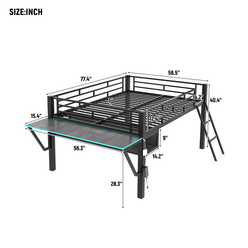 Full Size Gaming Loft Bed with Desk, LED and Shelf, Metal Bed Frame with Mesh Undercarriage Storage, Full