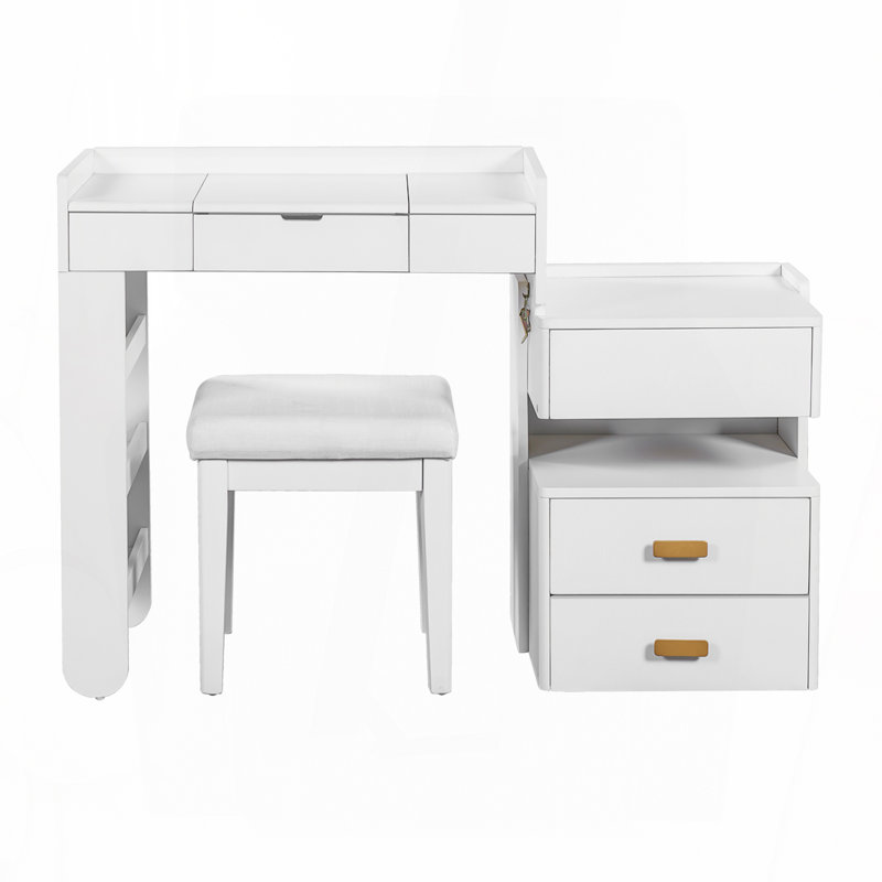 3-in-1 Makeup Vanity Desk with Flip-Top Mirror, LED Lighting, Adjustable Length & Ample Drawers - Stylish Multi-Functional Dressing Table for Home, White