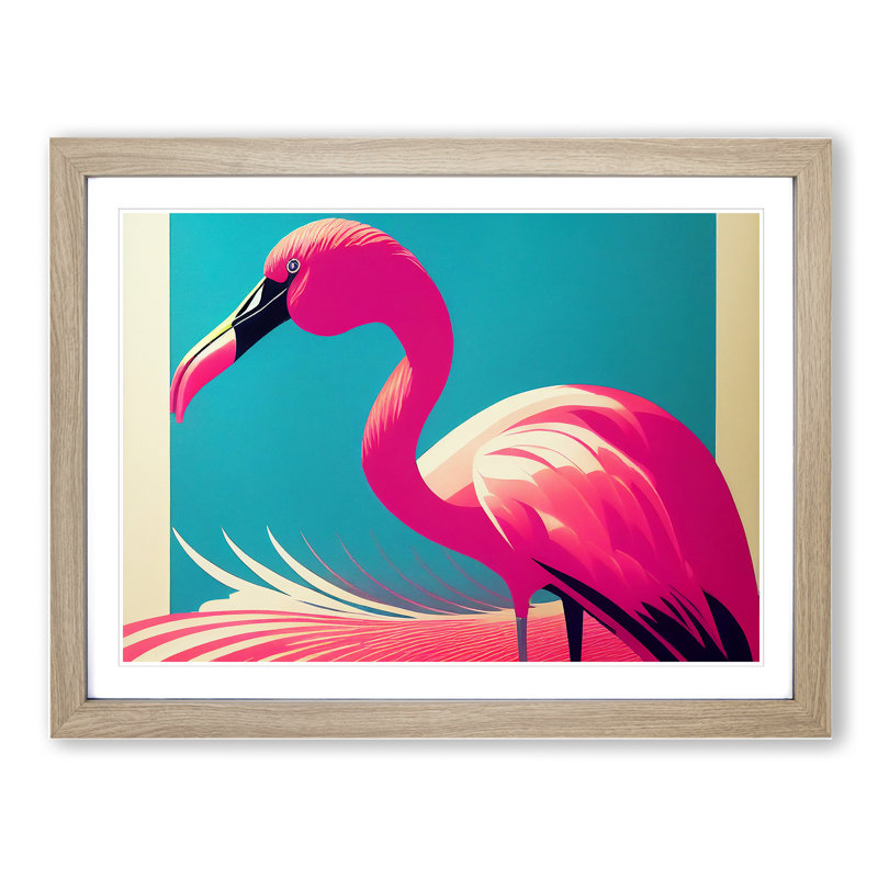 Delightful Flamingo - Single Picture Frame Print, 46cm H x 64cm W x 2cm D, Oak