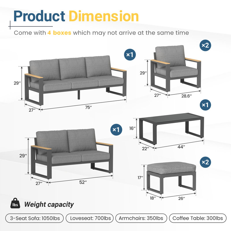 Brandtley Aluminum 9-Person Outdoor Sofa Seating Group With Cushions, Gray