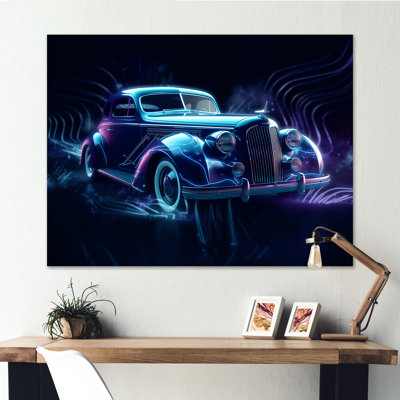 «Neon Light Strips Indigo Vintage Car II», reproduction sur toile