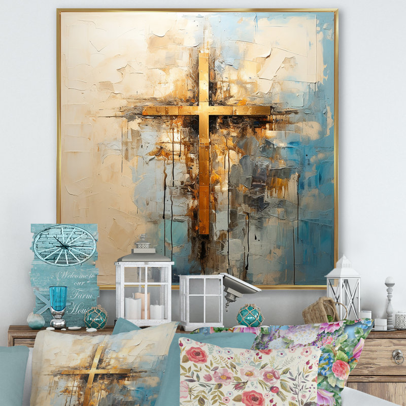 Reproduction d'art mural doré, croix de minimalisme religieuse II, Cadre flottant doré, H 36 po x l 36 po x P 1,5 po