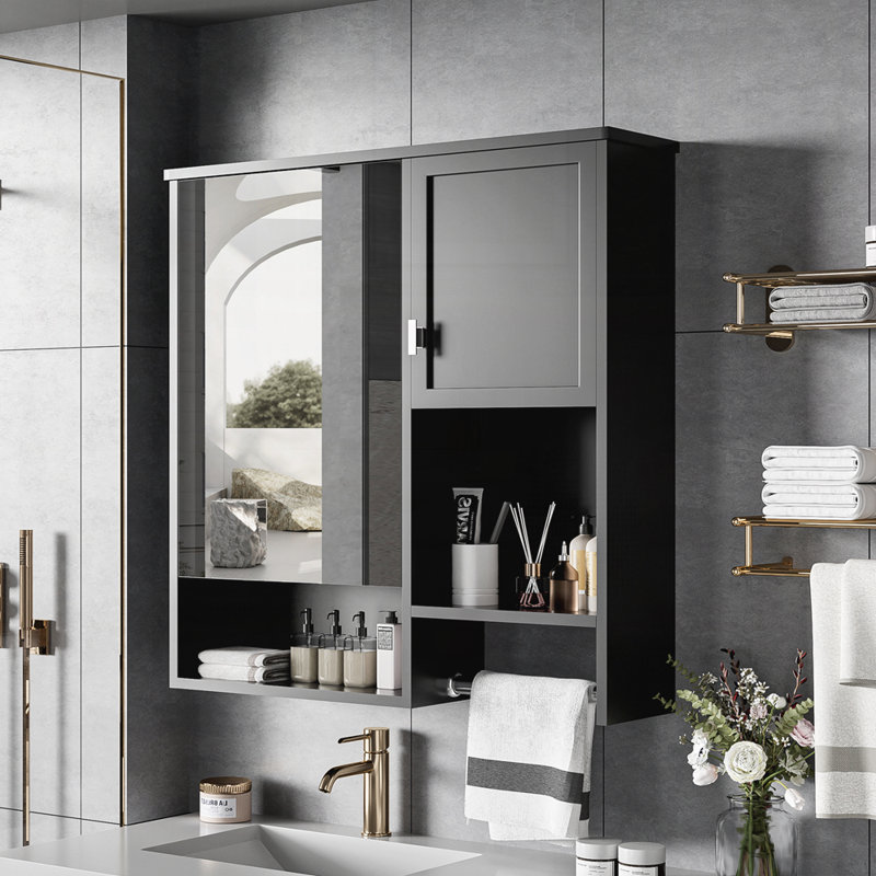 Armoire de salle de bain murale moderne avec miroir 29 po x 28 po, Noir