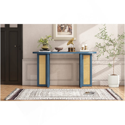 Console d'entrée en rotin de style campagnard, console étroite avec rangement, table de couloir pour le salon, entrée (bleu marine)