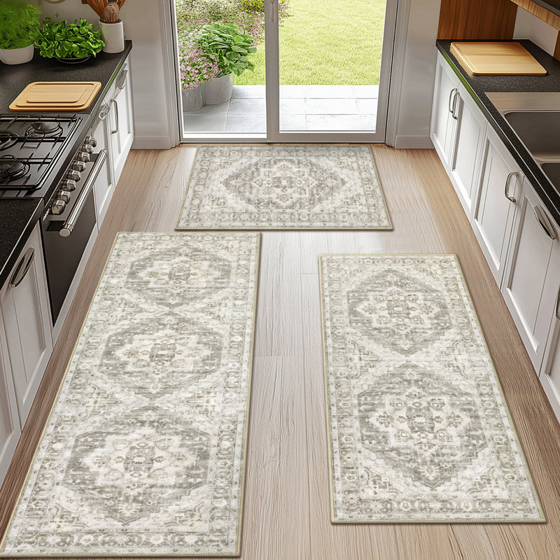 Machine Washable Kitchen Mat with Non-Slip Backing (Set of 3), Gray