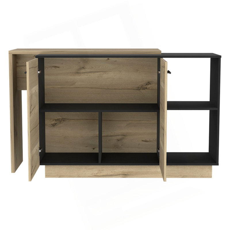 Îlot de cuisine, armoires à deux portes, deux tablettes extérieures, trois tablettes