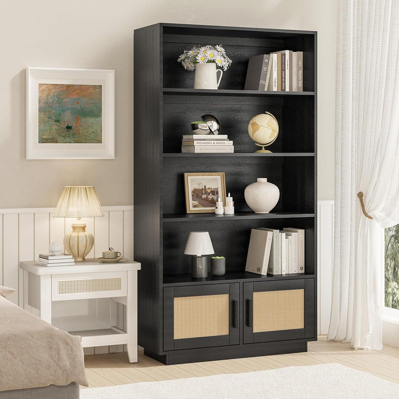 5 Tier Boho Bookshelf with Rattan Doors, Wooden Storage Bookcase for Living Room, Bedroom, Office, Black