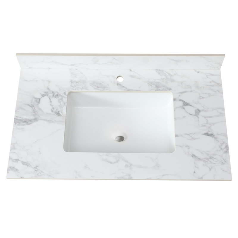 37"X22" Bathroom Sink Vanity Top - Sintered Stone White Rectangular Ceramic Construction And Exquisite For Single Faucet Hole