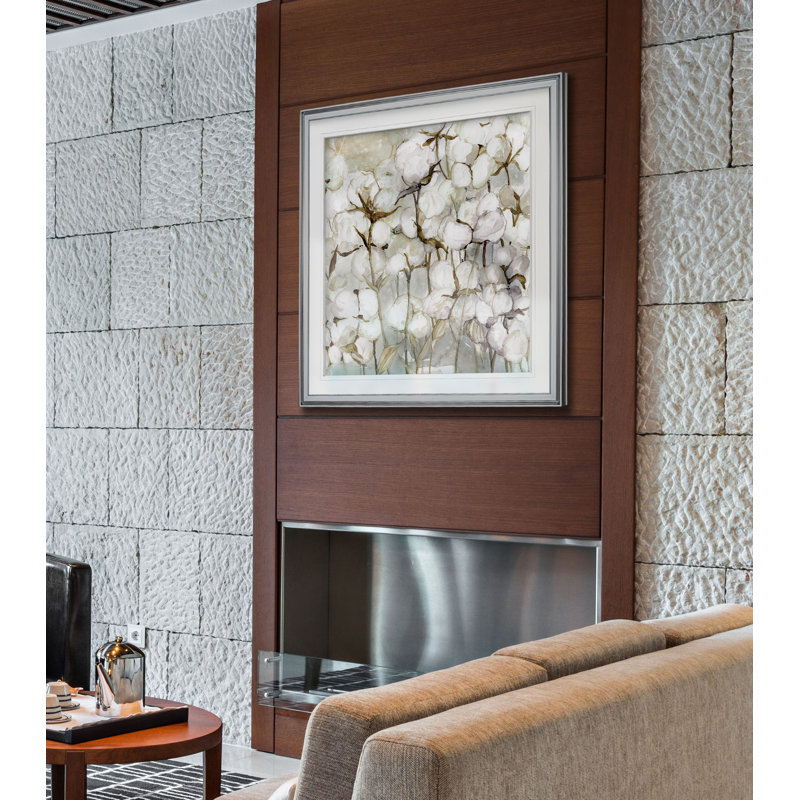 Cotton Field - Matted and Framed Under Glass, Large Living Room Wall Art, 16" H x 16" W x 1.5" D, Silver Framed