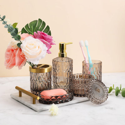 Bathroom Accessories Set,5Pcs Glass Bathroom Accessories Set, Lotion Dispenser, Soap Dish, Toothbrush Holder, Tumbler, Modern Bathroom Decor, Gift For Home Apartment