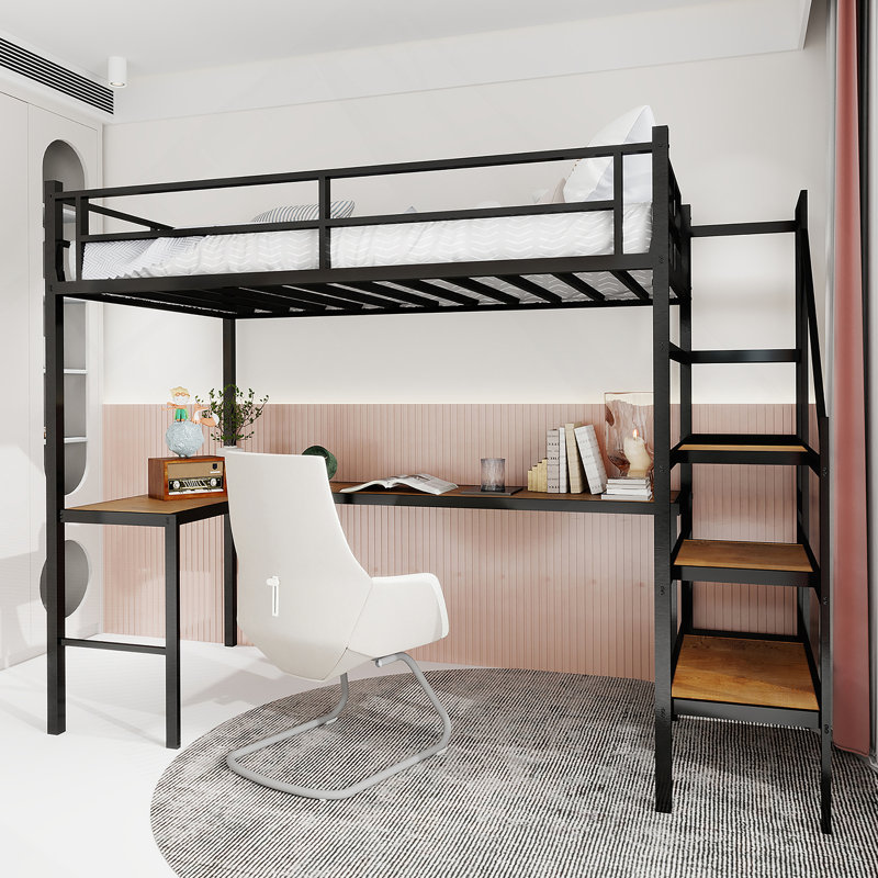 Lit mezzanine avec bureau intégré en forme de L, grands compartiments de rangement, structure robuste avec escalier, garde-corps continu pour une utilisation peu encombrante et silencieuse