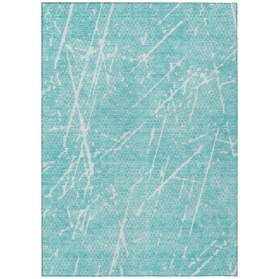Tapis d'extérieur lavable abstrait bleu sarcelle et ivoire 10 pi x 14 pi