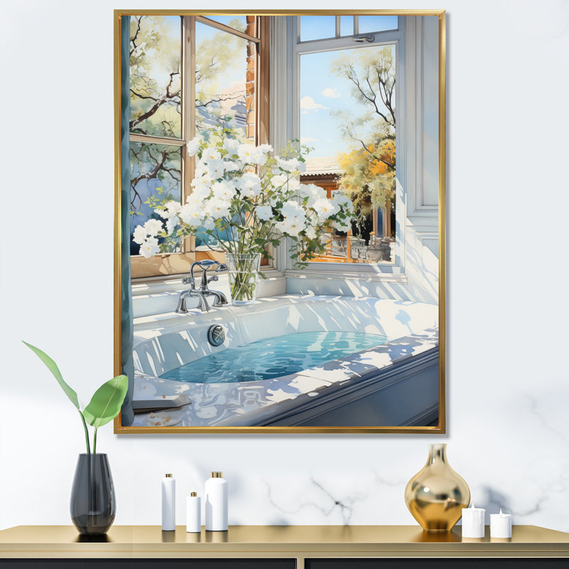 Bathroom Tranquil Reflections VI - Art mural encadré pour salle de bain, Cadre flottant doré, H 40 po x l 30 po x P 1,5 po