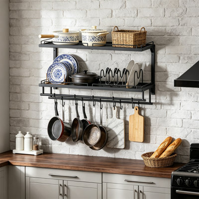 2 Tier Wall Mounted Pot Rack with 10 Hooks and 5 Removable Dividers, Black Pan Organizer