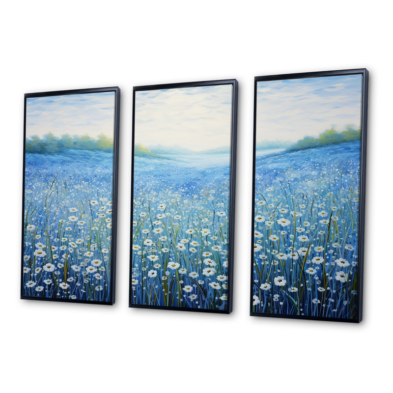 Seren azur fleurs champ - ensemble d'art mural fleur, Cadre flottant noir, H 32 po x l 48 po x P 1 po
