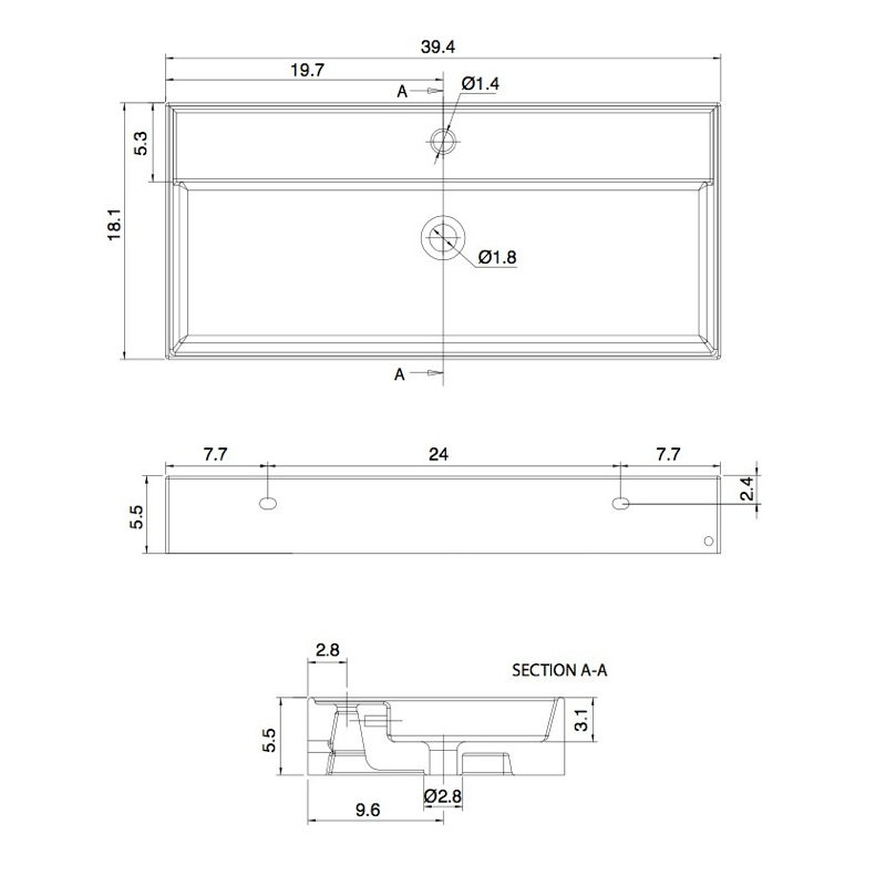 Lavabo de salle de bain rectangulaire en céramique blanche avec trop-plein de 39 po de hauteur Teorema, Monotrou