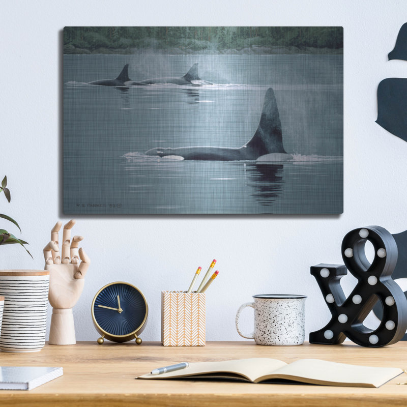 «Orcas» par Ron Parker sur métal, H 12 po x l 16 po