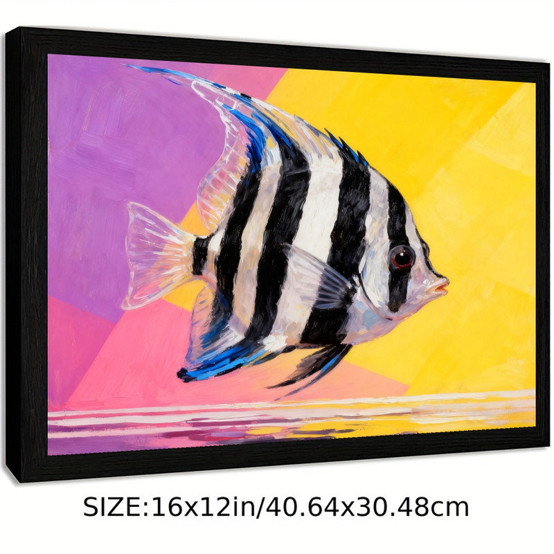 «Black Angelfish» rayé noir, impression de peinture marine vibrante et moderne, H 13 po x l 17 po