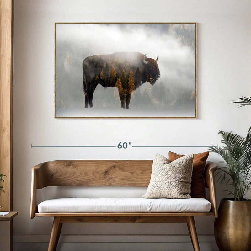 Bison de la forêt de pins, Cadre flottant en bois naturel, 46 po x 31 po