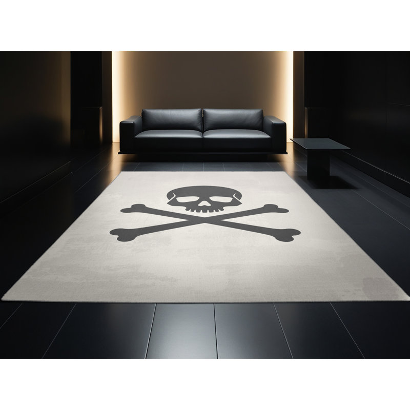 Soft Plush Dupree Pirate Flag Symbol Minimalist Area Rug in Gray – Gray Binding, 5x7