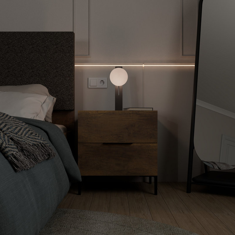 Table de chevet moderne en noyer avec 2 tiroirs, 21,7 po x 23,2 po x 17,3 po | Panneau de particules revêtu de mélamine à 100%, conception murale | Finition brune élégante pour les chambres à coucher industrielles et contemporaines