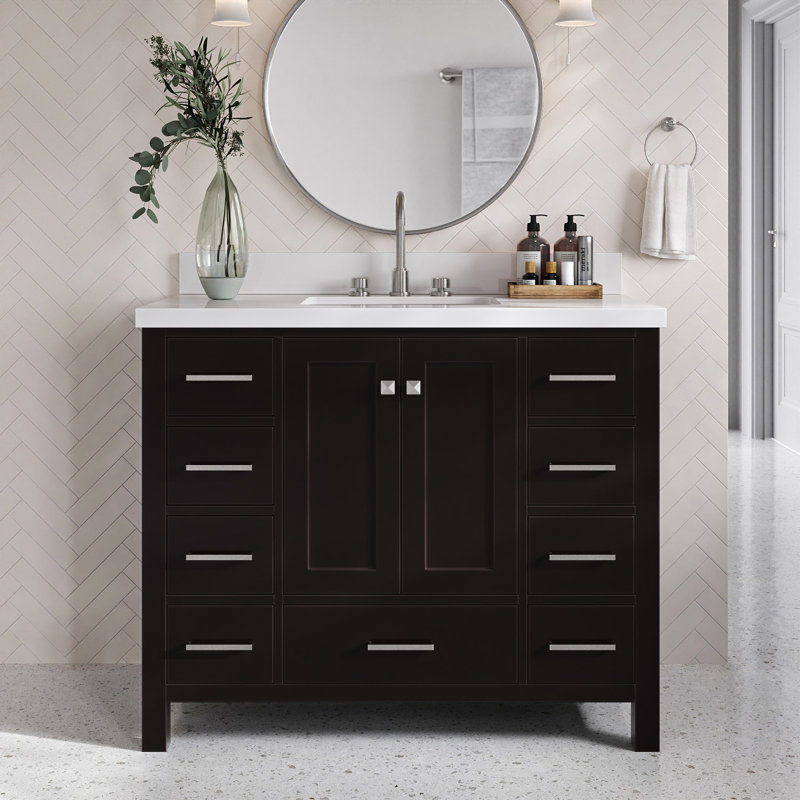 Cambridge X P 22 po P 36 po Coiffeuse en H avec comptoir en quartz blanc avec lavabo, Rectangular, Espresso / nickel brossé