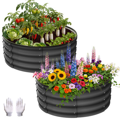 Round Galvaniz Raised Garden Bed – 2*2*1FT Heavy Duty Metal Planter Box, Open Bottom Design for Drainage, Weather Resistant Anti-Rust Circular Plant Bed for Vegetables, Flowers, Herbs, Grey