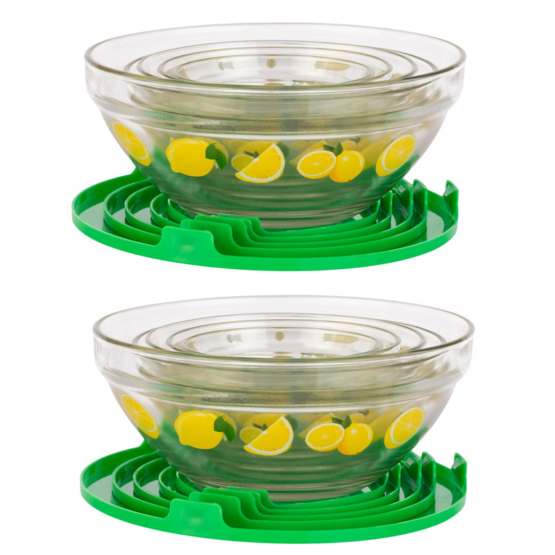 20-Piece Lemon Design Glass Bowls with Green Lids Set