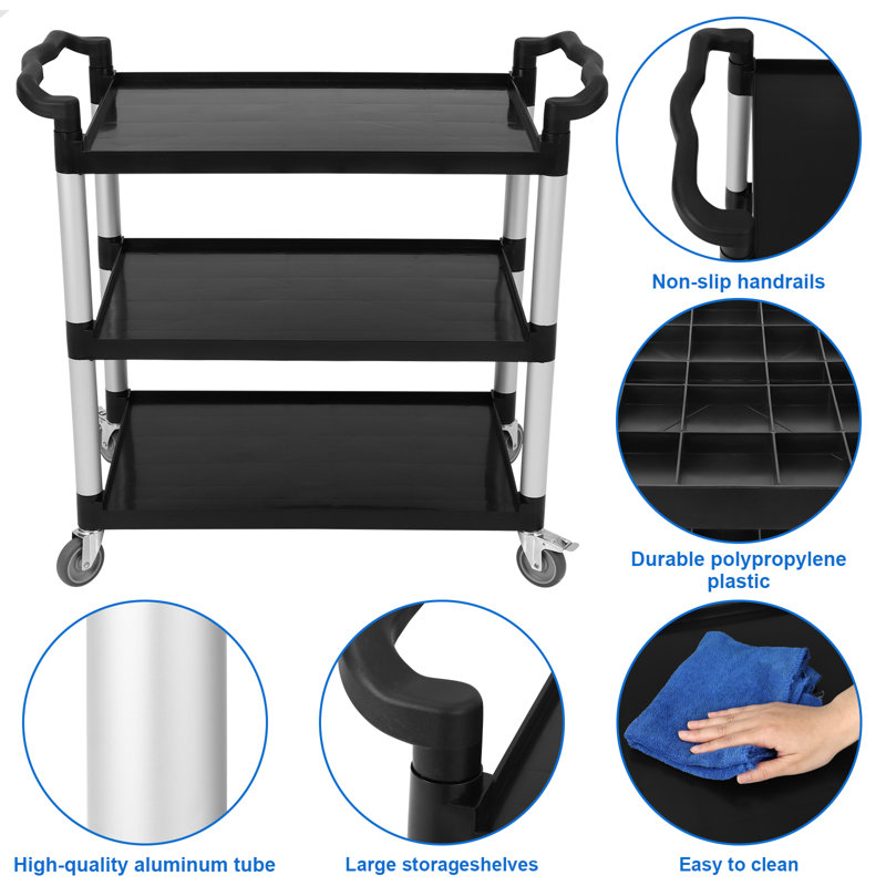Heavy Duty Black and Silver 3-Tier Rolling Utility Cart