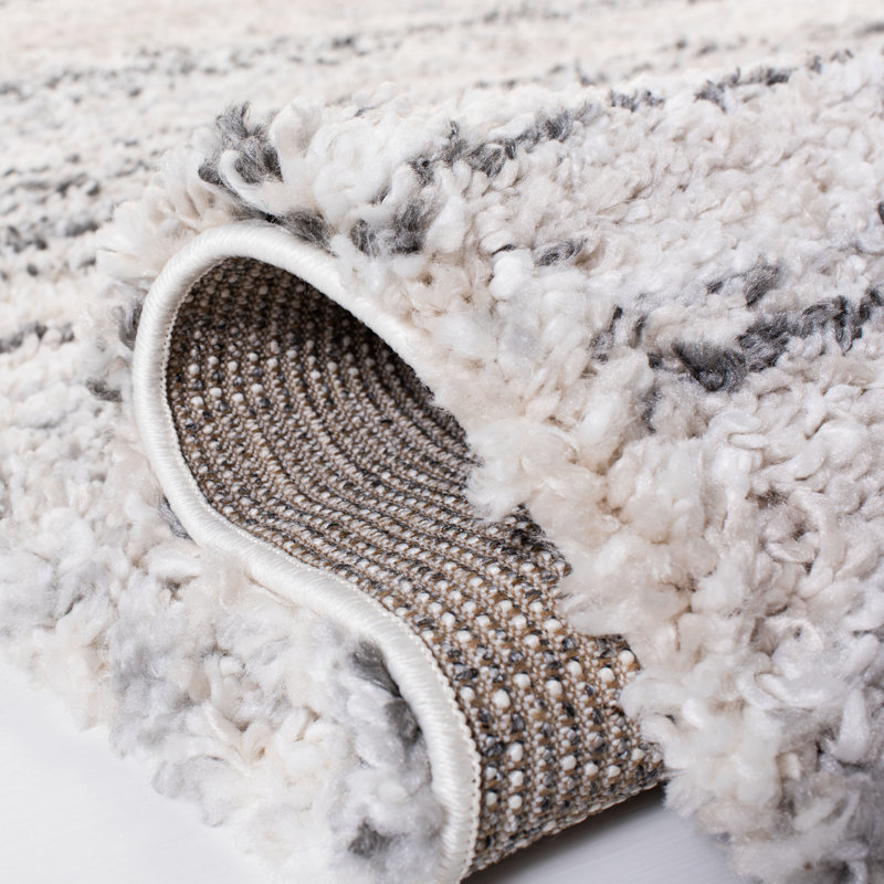 Ivory and Grey Hand-knotted Round Shag Rug