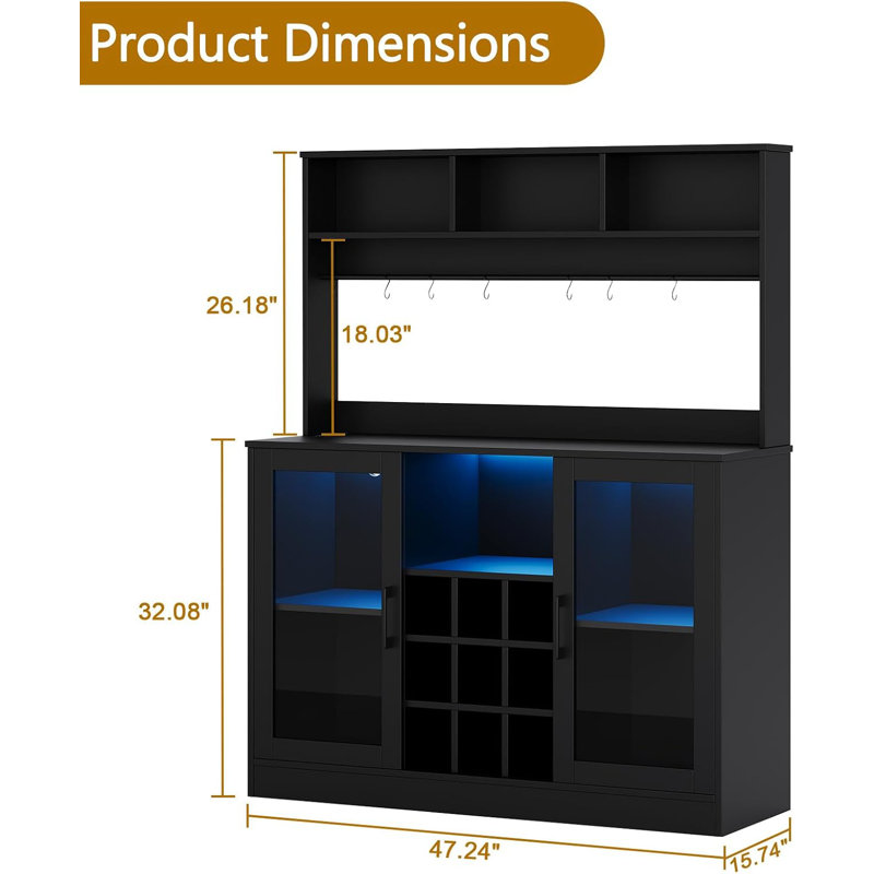Coffee Bar Cabinet, Buffet Sideboard With Storage Shelf, Power Outlet, 6 Hooks,9 Wink Racks And Adjustable Shelf