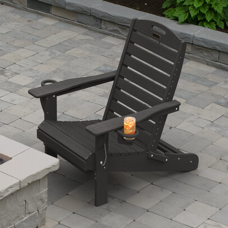 Outdoor Fire Pit Chairs Weather-Resistant HDPE Foldable Outdoor Adirondack Chair With Cup Holder, Black