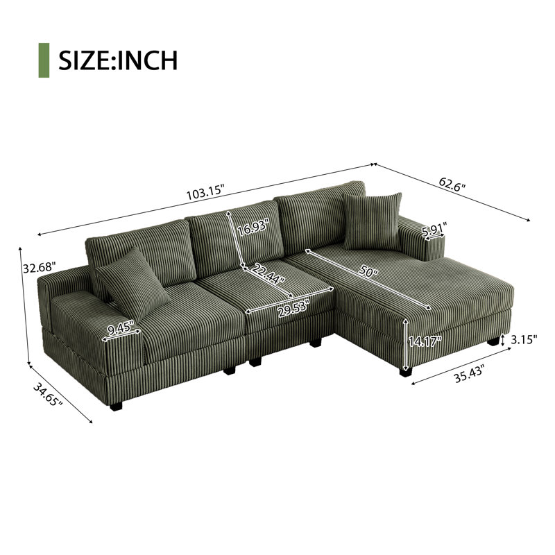 Canapé modulaire en forme de L de 103 po avec méridienne et coussins 3 pièces, Velours côtelé vert