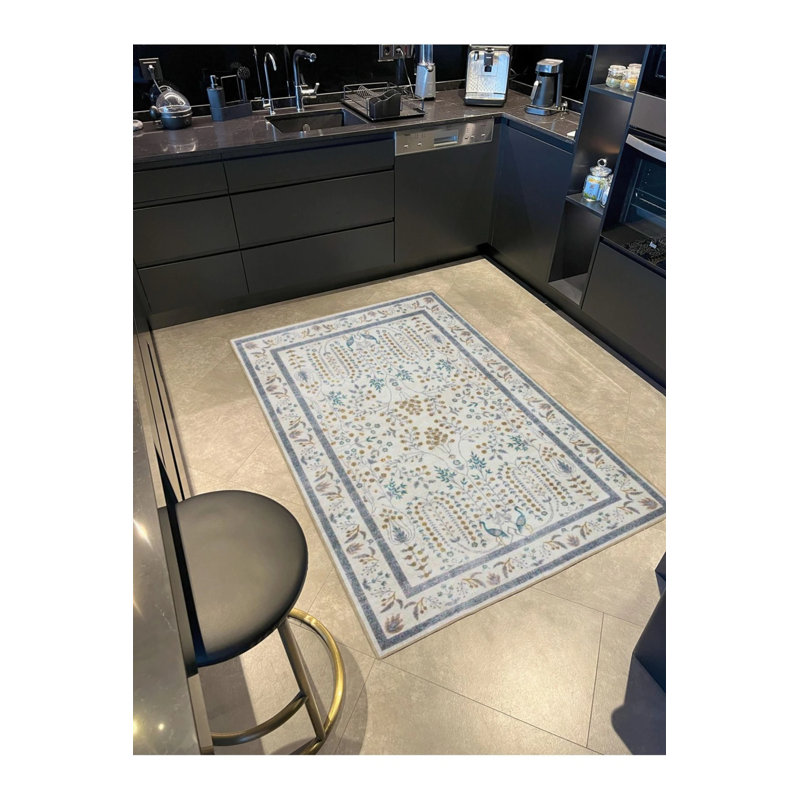 Bordered Gray Botanical Themed Patterned Woven Base Carpet And Washable Carpet, Round 3'4"