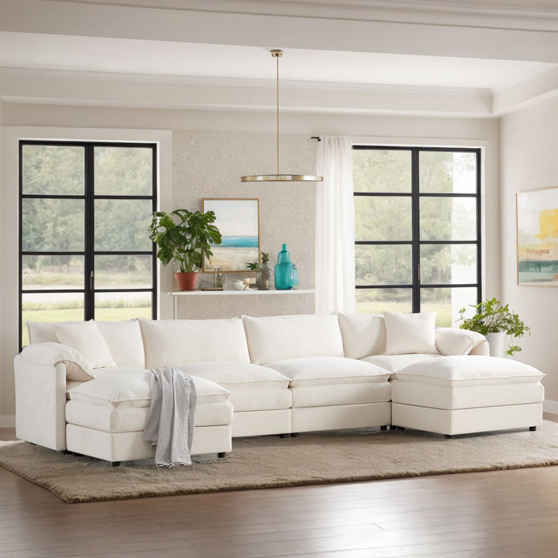 136" Chenille U Shaped Sectional Sofa Cloud Couch With Movable Ottoman, Cream Chenille