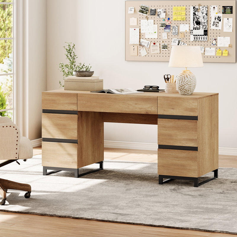Aadam 59" Modern Executive Desk With Drawers, Wood Computer Writing Desk With Charging Station, Office Desk With File Drawer, Study Table For Bedroom, Living Room, Home Office,.