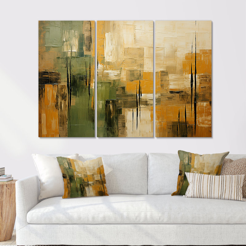 «Green Beige Wild Essence Collage I», art mural tachisme, H 40 po x l 60 po x P 1 po, Toile tendue
